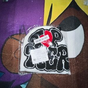 White Knit Beanie with Black Graphic and Red Heart Accent